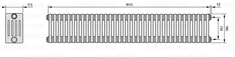 Схема (чертеж) Радиатор Zehnder Charleston 5019/35 №7610 Белый глянцевый RAL 9016